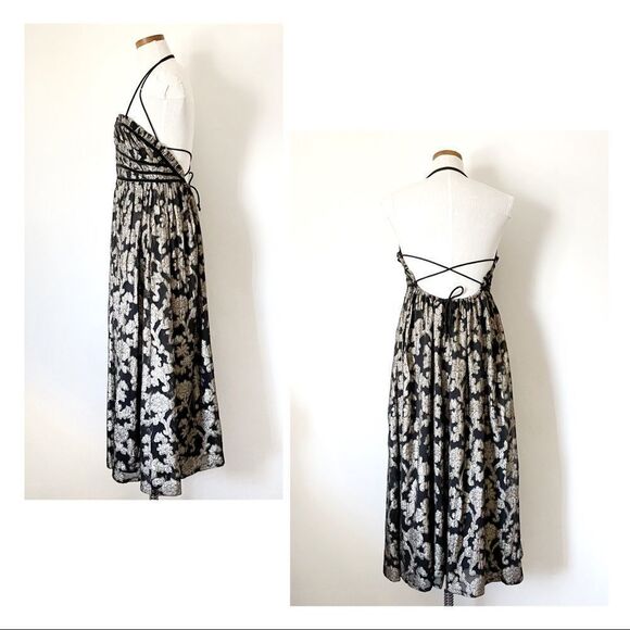 Free People Charlie Bustier Gold Metallic print Maxi dress tiered XS - Picture 4 of 8